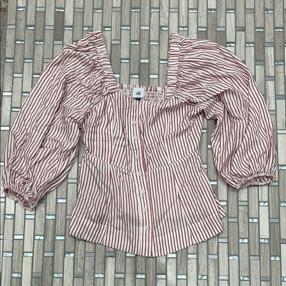 CAbi Red and White Ruched Puff Sleeve Blouse